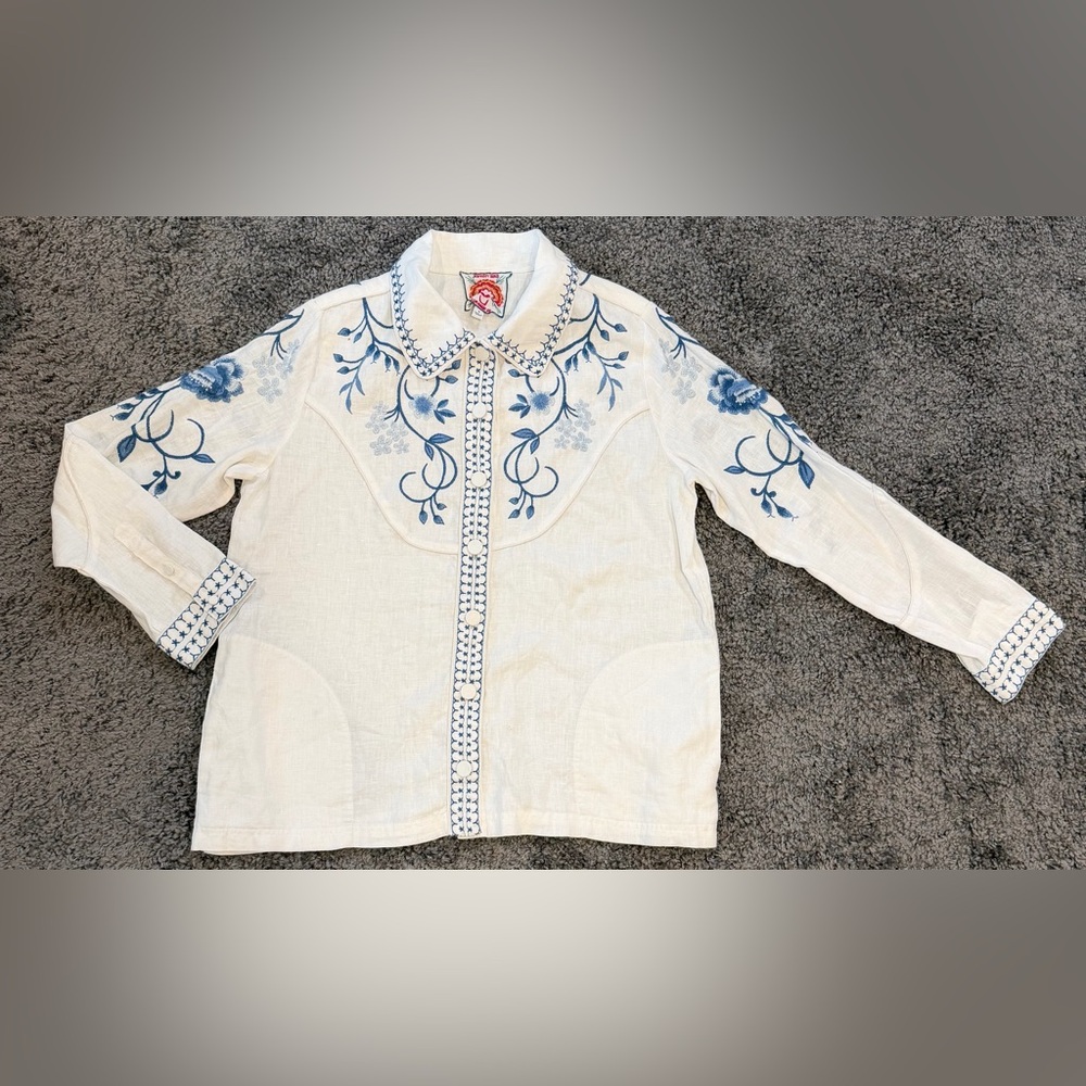 Johnny Was Western Linen Embroidered Floral Shirt Jacket size S NWOT $255